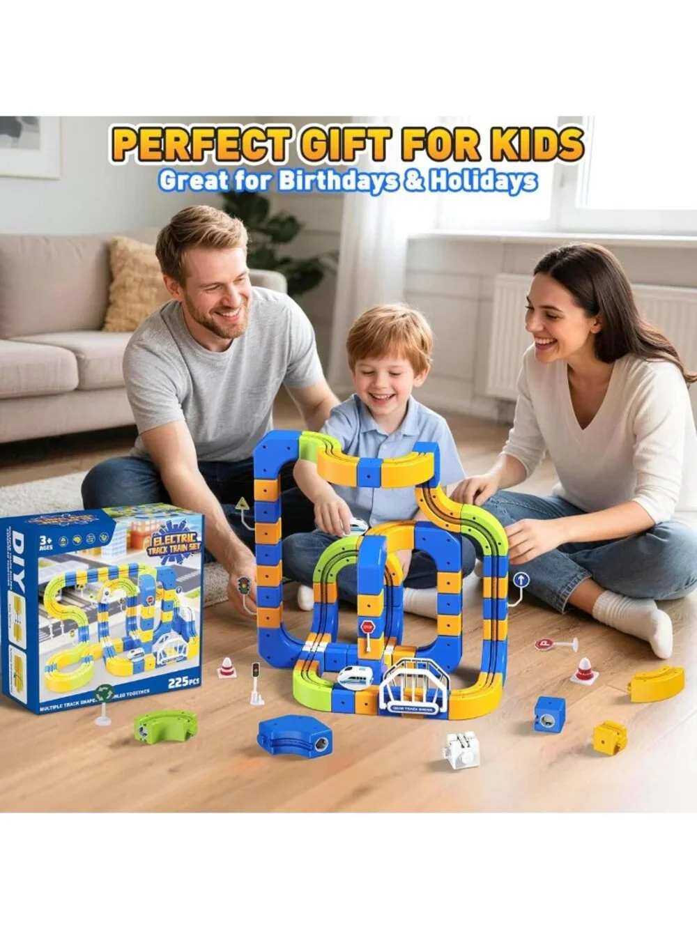 Electric Train Set for Kids 5-8, 225 Pcs 3D Track, 2 Trains, Fun Gift Idea